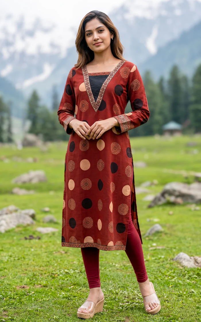 Maroon Polka Dot Printed Straight Kurti
